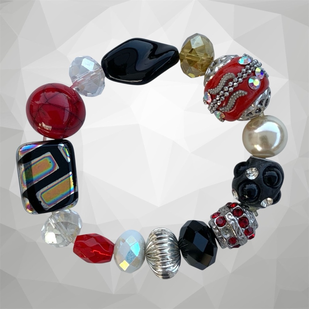 Whimsical Red, Black, White and Clear Mixed Beads Stretch Bracelet